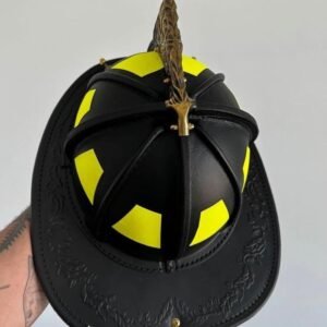TL2 Leather Fire Helmet – Black with Yellow Panels – New Condition